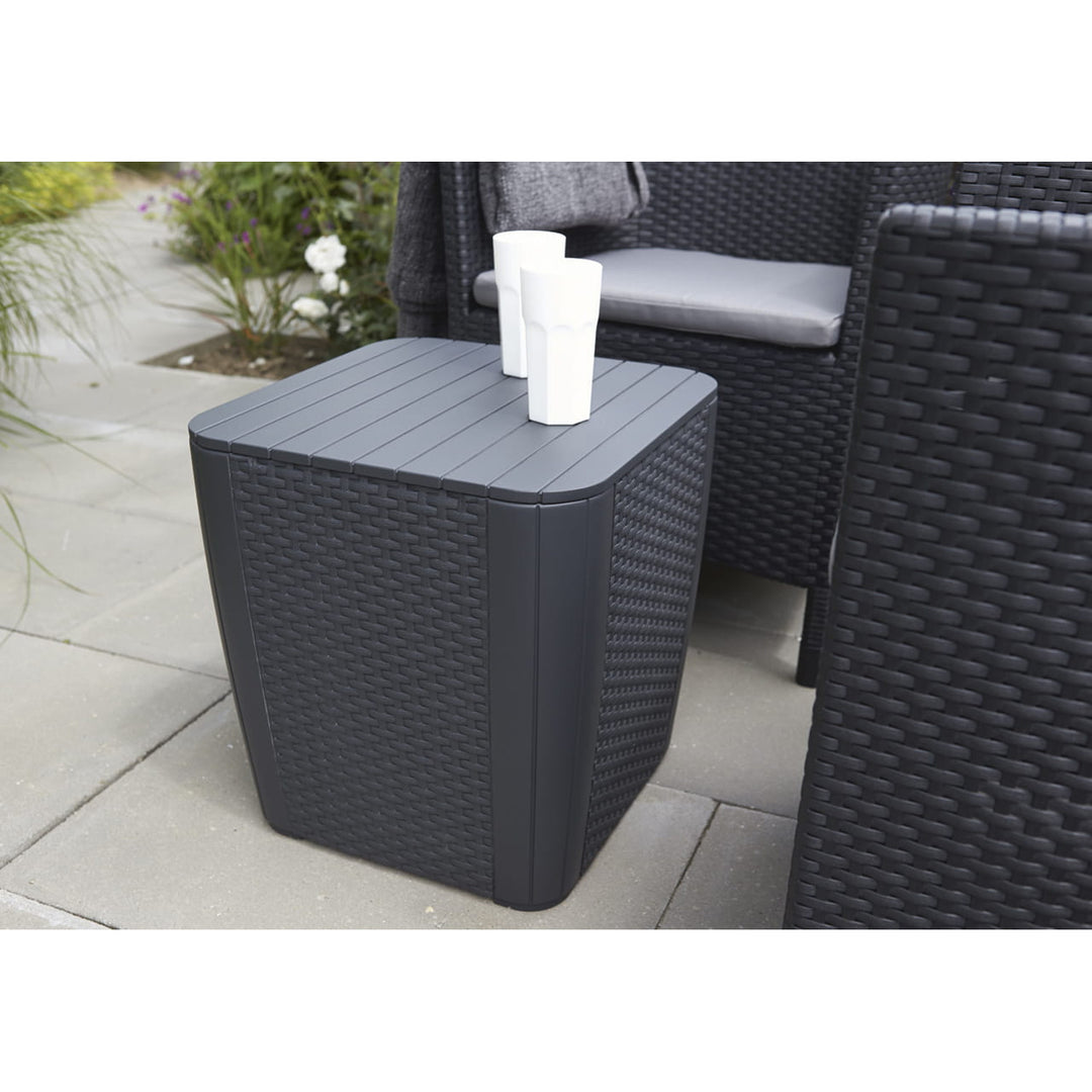 Table de jardin Keter Luzon, avec rangement, capacité de charge jusqu'à 110 kg, résistante aux intempéries, imitation rotin, couleur graphite, 223932