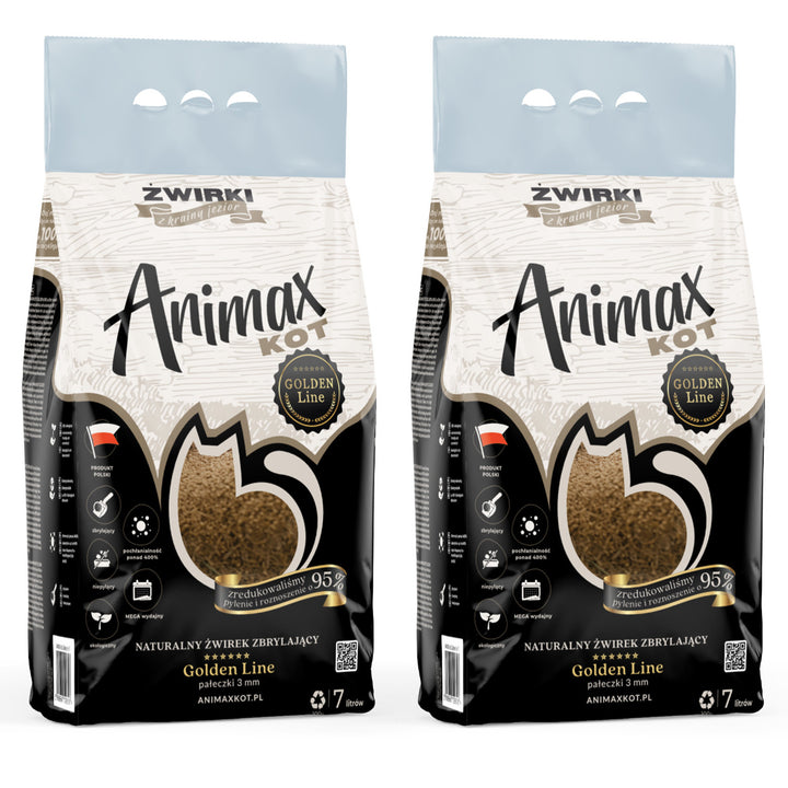 Litière agglomérante Animax Golden Line 3 mm, petits granulés, 2 sacs de 7 L