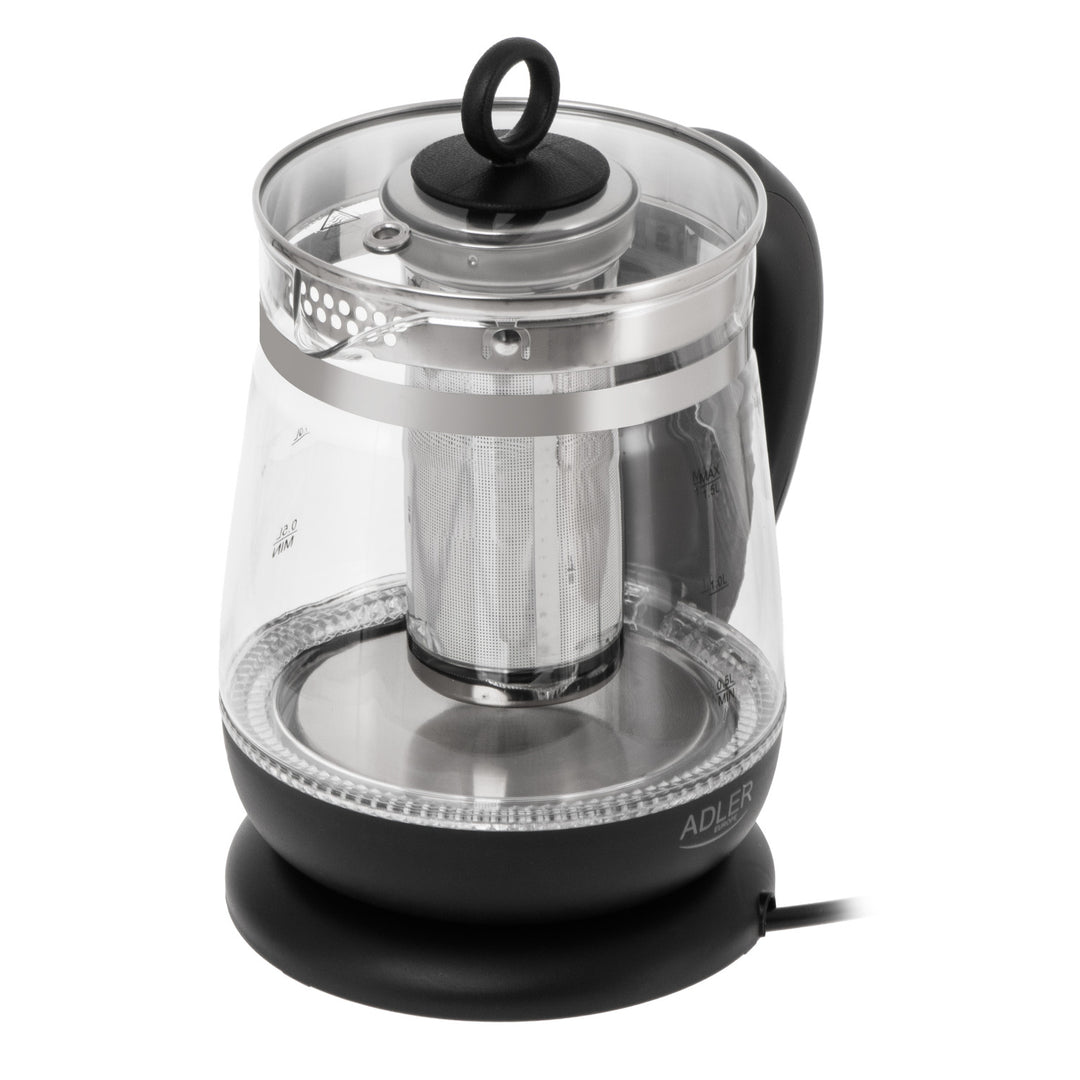 Bouilloire en verre de 1,5 L avec infuseur et régulation de température, 2 200 W, LED, 60–100 °C, Adler AD 1299, noire