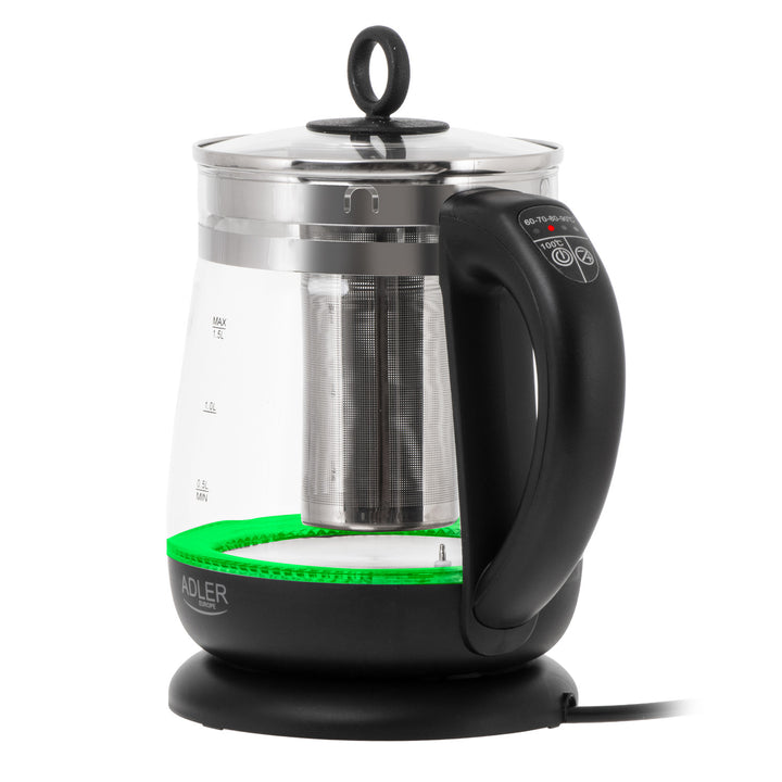 Bouilloire en verre de 1,5 L avec infuseur et régulation de température, 2 200 W, LED, 60–100 °C, Adler AD 1299, noire