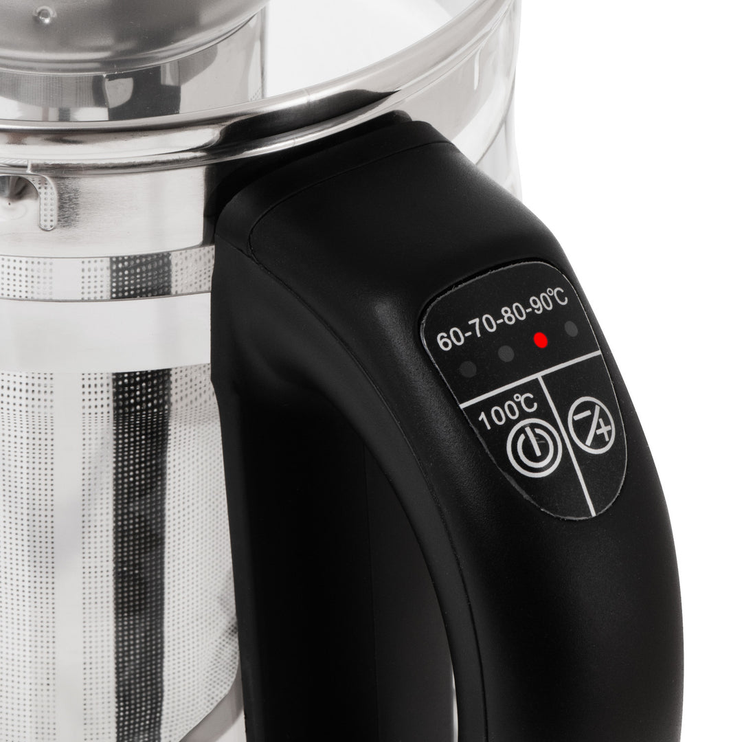 Bouilloire en verre de 1,5 L avec infuseur et régulation de température, 2 200 W, LED, 60–100 °C, Adler AD 1299, noire