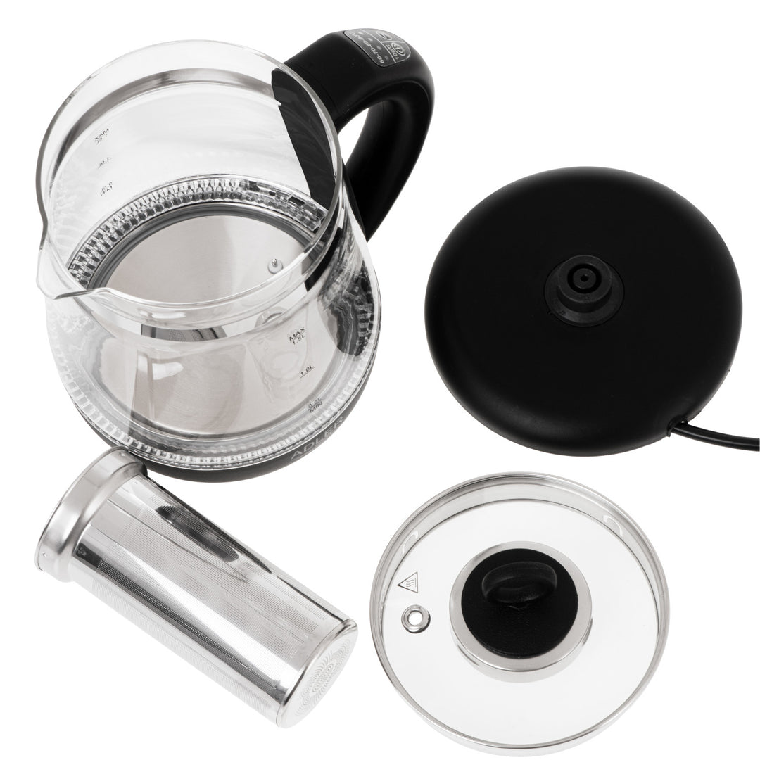 Bouilloire en verre de 1,5 L avec infuseur et régulation de température, 2 200 W, LED, 60–100 °C, Adler AD 1299, noire