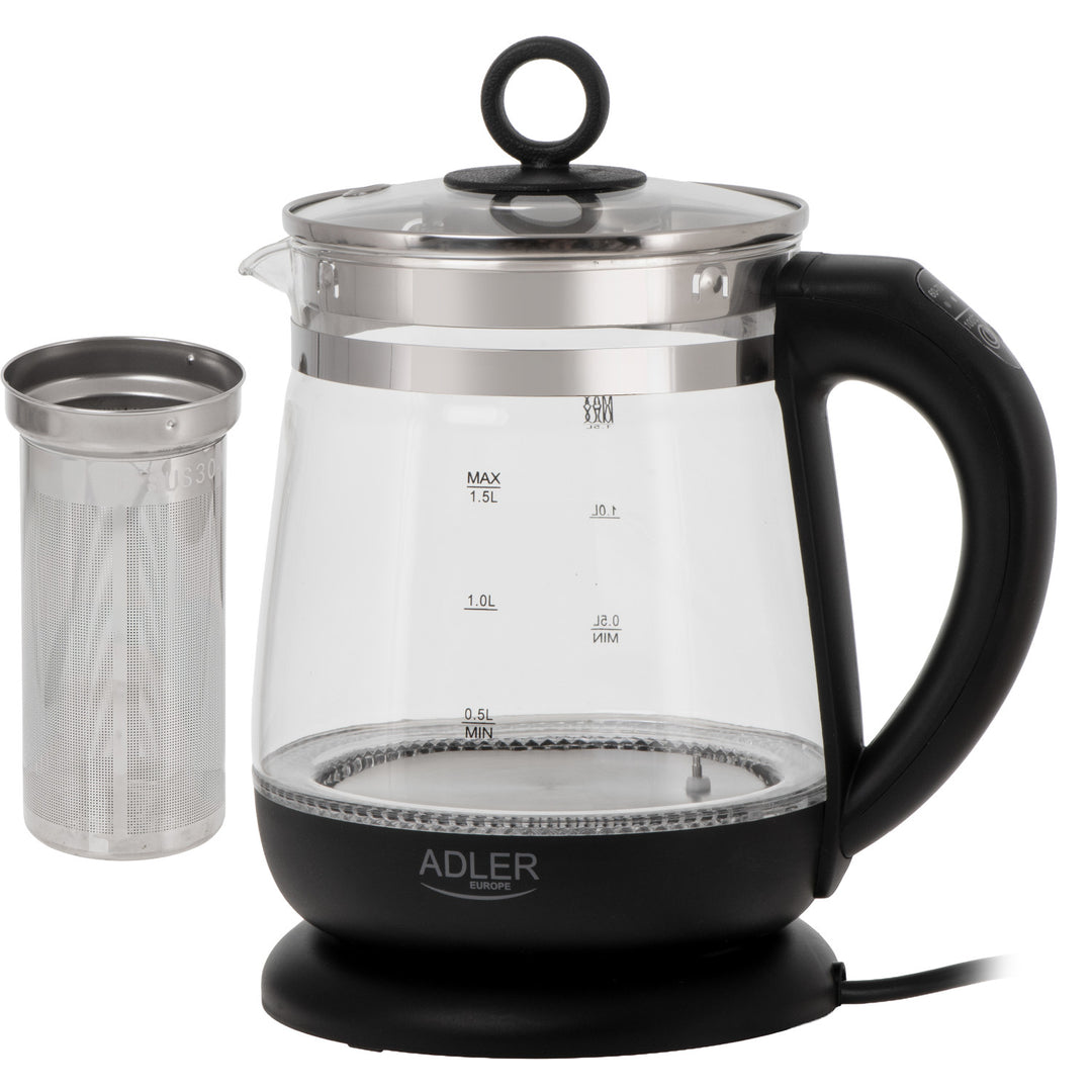 Bouilloire en verre de 1,5 L avec infuseur et régulation de température, 2 200 W, LED, 60–100 °C, Adler AD 1299, noire