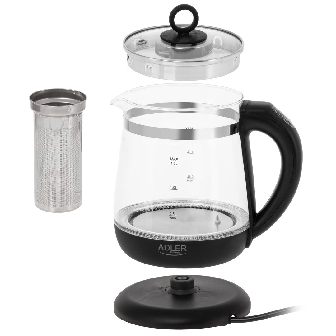 Bouilloire en verre de 1,5 L avec infuseur et régulation de température, 2 200 W, LED, 60–100 °C, Adler AD 1299, noire