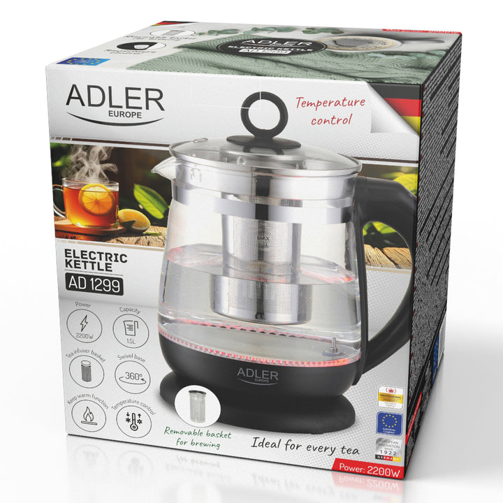 Bouilloire en verre de 1,5 L avec infuseur et régulation de température, 2 200 W, LED, 60–100 °C, Adler AD 1299, noire