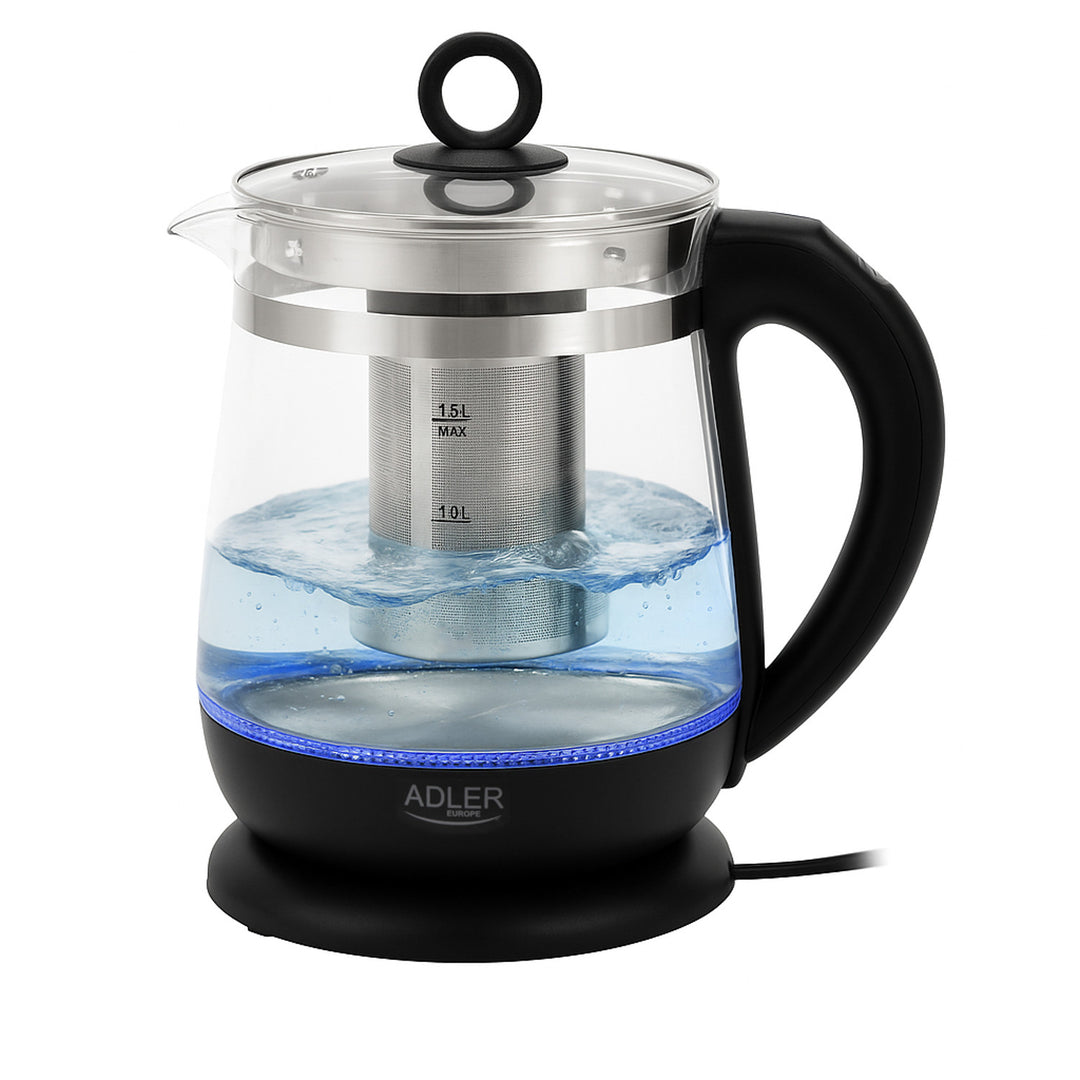 Bouilloire en verre de 1,5 L avec infuseur et régulation de température, 2 200 W, LED, 60–100 °C, Adler AD 1299, noire