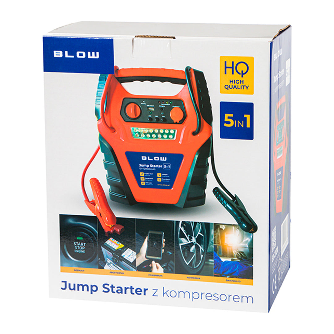 Jump Starter 5-en-1 Blow, avec fonction compresseur, chargeur de batterie et batterie externe, batterie 12 V 20 000 mAh, courant de démarrage 400 A, courant de crête 900 A, équipé d'un fusible de surcharge, 81-210#