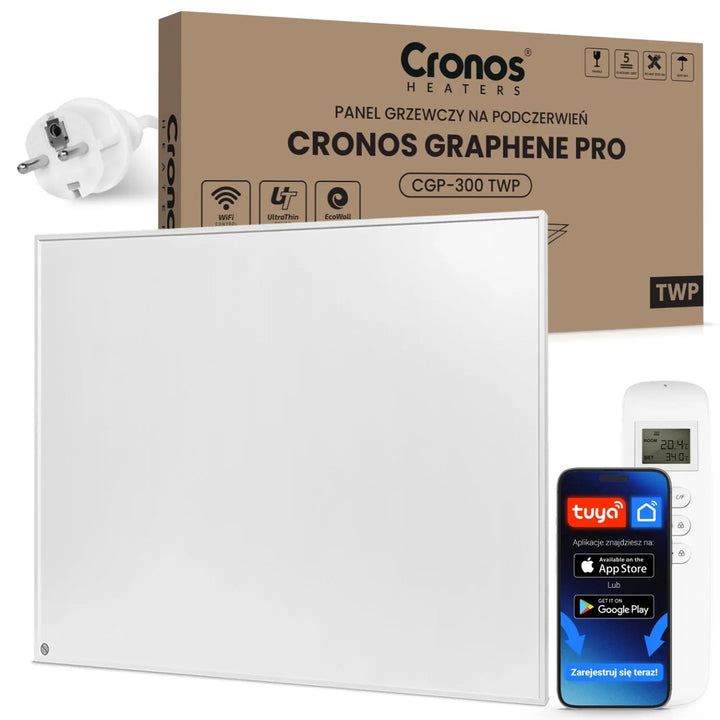 Panneau chauffant infrarouge Cronos Graphene, puissance 300 W, couleur blanche, chauffe une pièce jusqu'à 8 m², télécommande, PRO CGP-300TWP