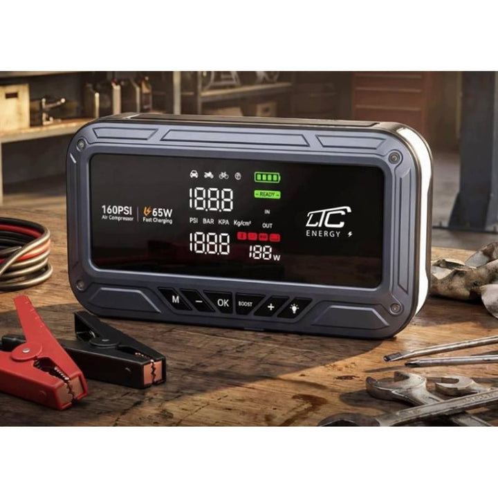 Démarreur d'urgence LTC, 12 000 mAh, avec compresseur, lampe de poche et batterie externe, écran LCD, puissance de 65 W, câbles et housse inclus, LXJS120