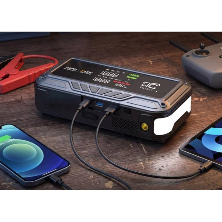 Démarreur d'urgence LTC, 12 000 mAh, avec compresseur, lampe de poche et batterie externe, écran LCD, puissance de 65 W, câbles et housse inclus, LXJS120