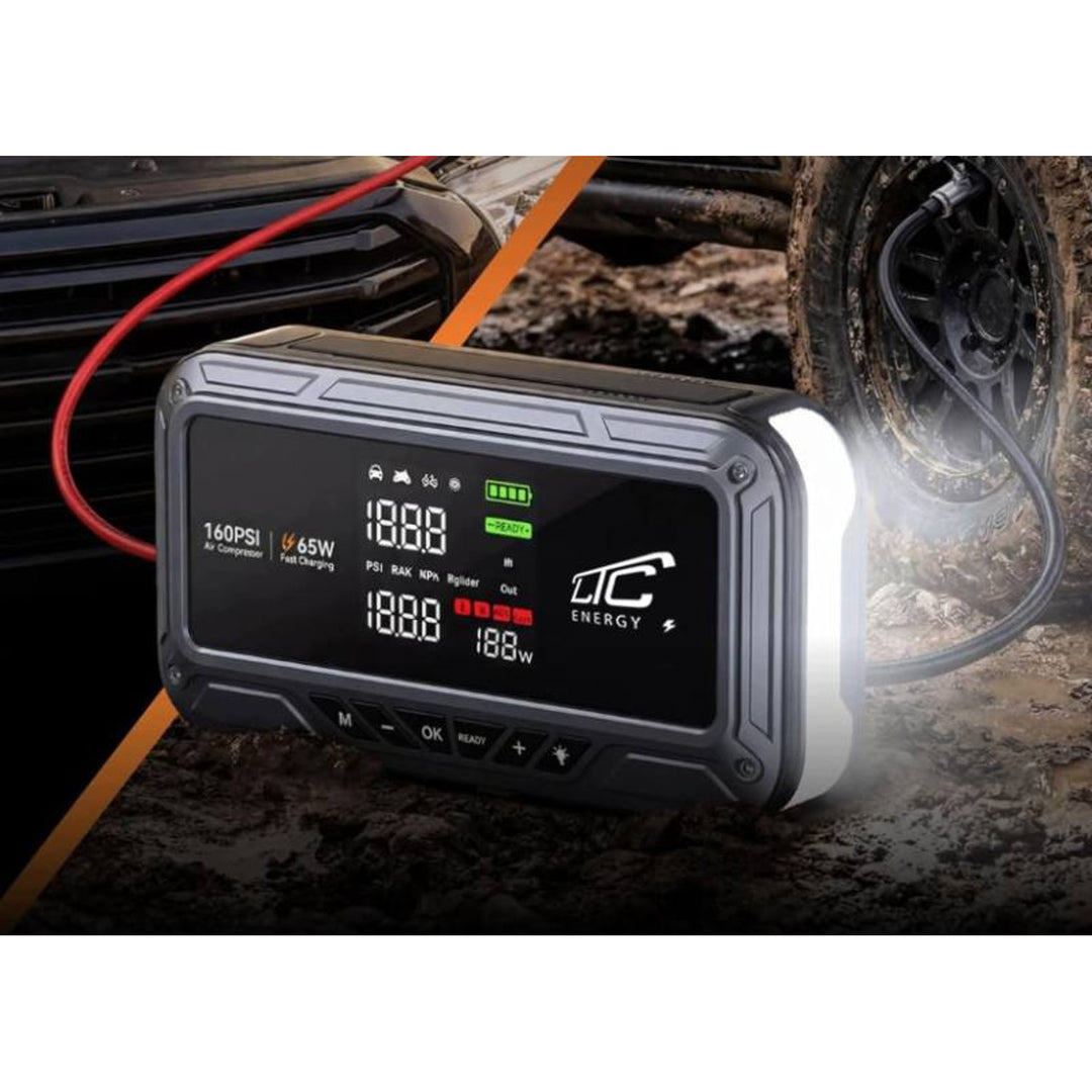 Démarreur d'urgence LTC, 12 000 mAh, avec compresseur, lampe de poche et batterie externe, écran LCD, puissance de 65 W, câbles et housse inclus, LXJS120