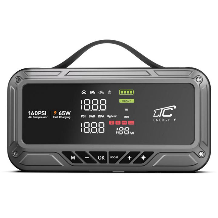 Démarreur d'urgence LTC, 12 000 mAh, avec compresseur, lampe de poche et batterie externe, écran LCD, puissance de 65 W, câbles et housse inclus, LXJS120
