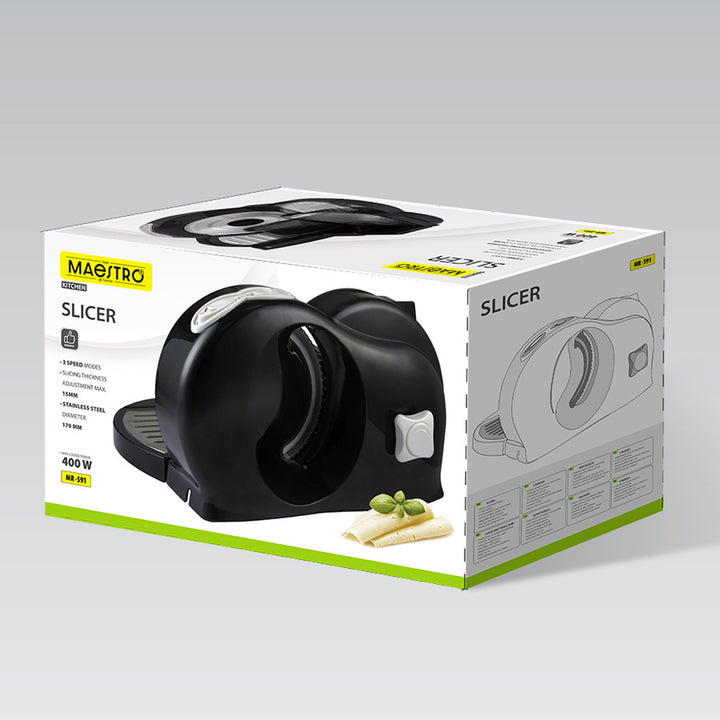 Trancheuse Maestro, puissance 400 W, plage de coupe de 0 à 15 mm, lame en acier inoxydable, trois vitesses de coupe, presse-aliments et plateau inclus, MR-591