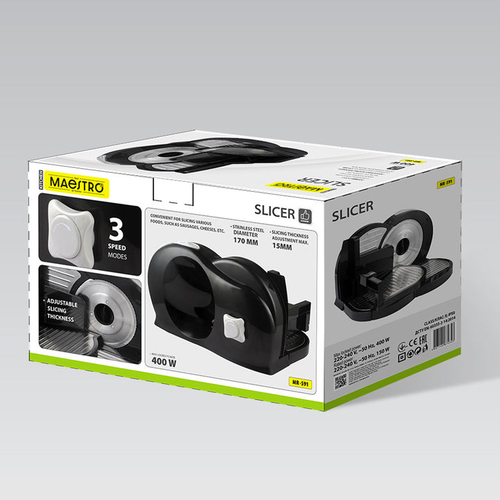 Trancheuse Maestro, puissance 400 W, plage de coupe de 0 à 15 mm, lame en acier inoxydable, trois vitesses de coupe, presse-aliments et plateau inclus, MR-591