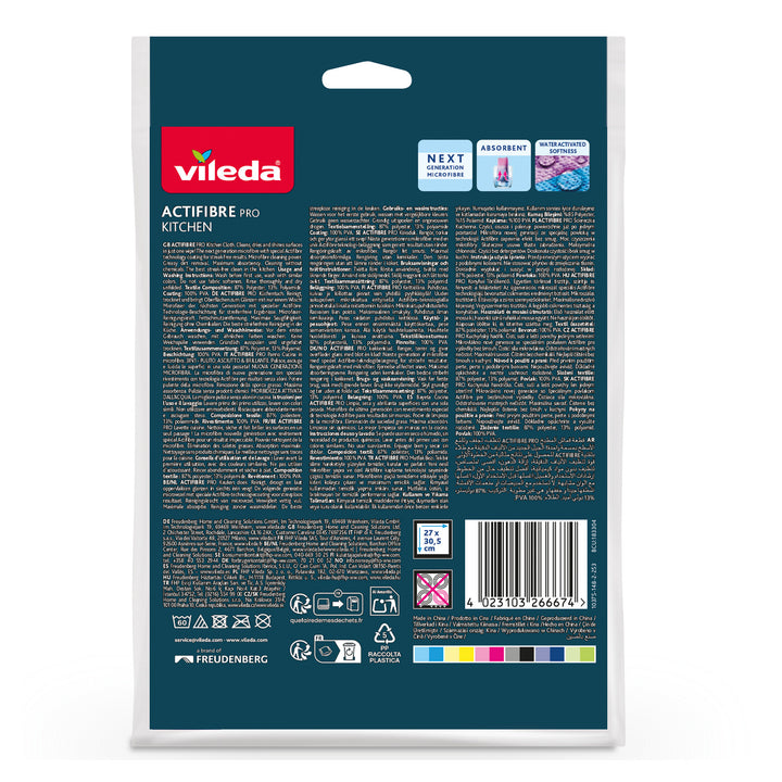 Chiffon Vileda Actifibre Pro, de cuisine, 1 pièce, en microfibre, revêtement en PVA, lavable jusqu'à 60 °C, 183303