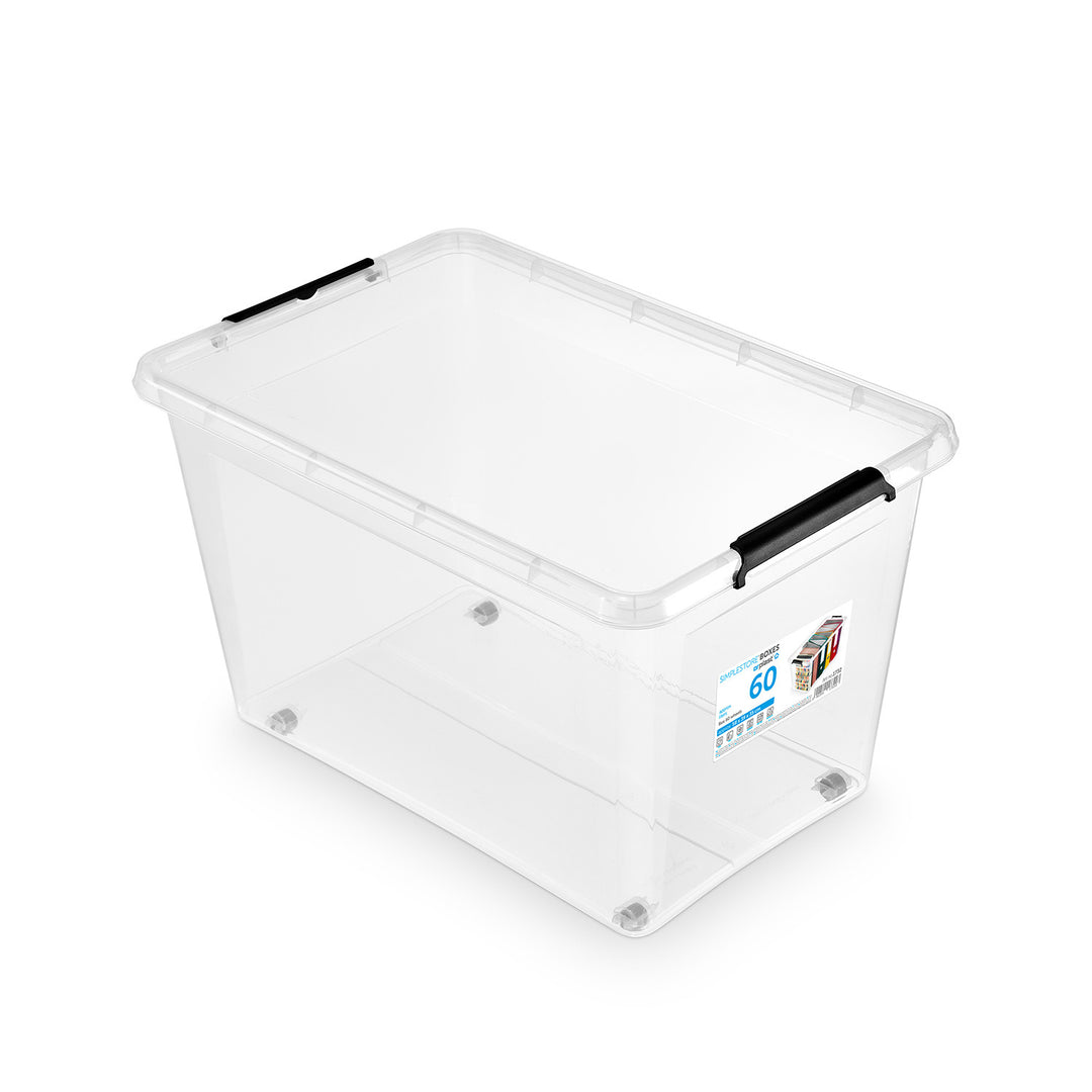 Bac Moxom SimpleStore, capacité 60 L, transparent, couvercle à clips, équipé de roulettes, sans BPA, 04-0081