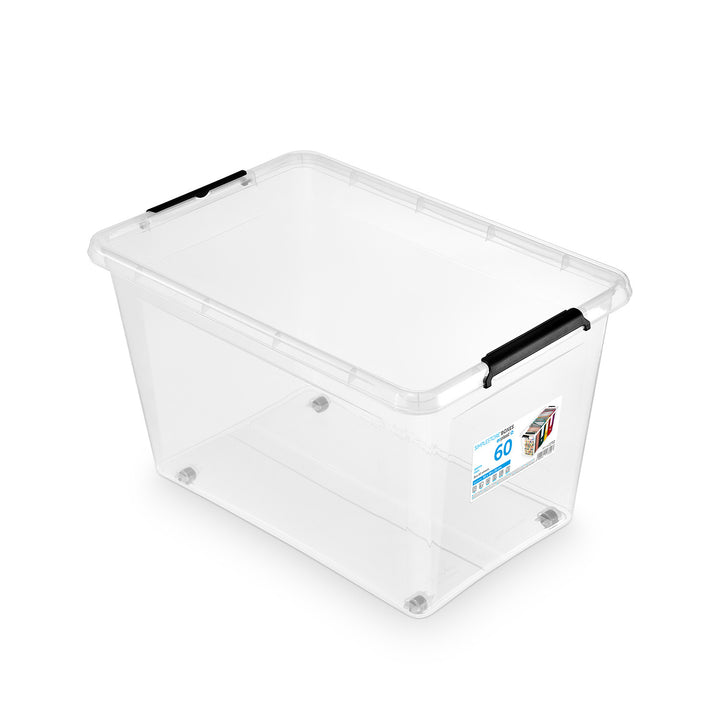 Bac Moxom SimpleStore, capacité 60 L, transparent, couvercle à clips, équipé de roulettes, sans BPA, 04-0081