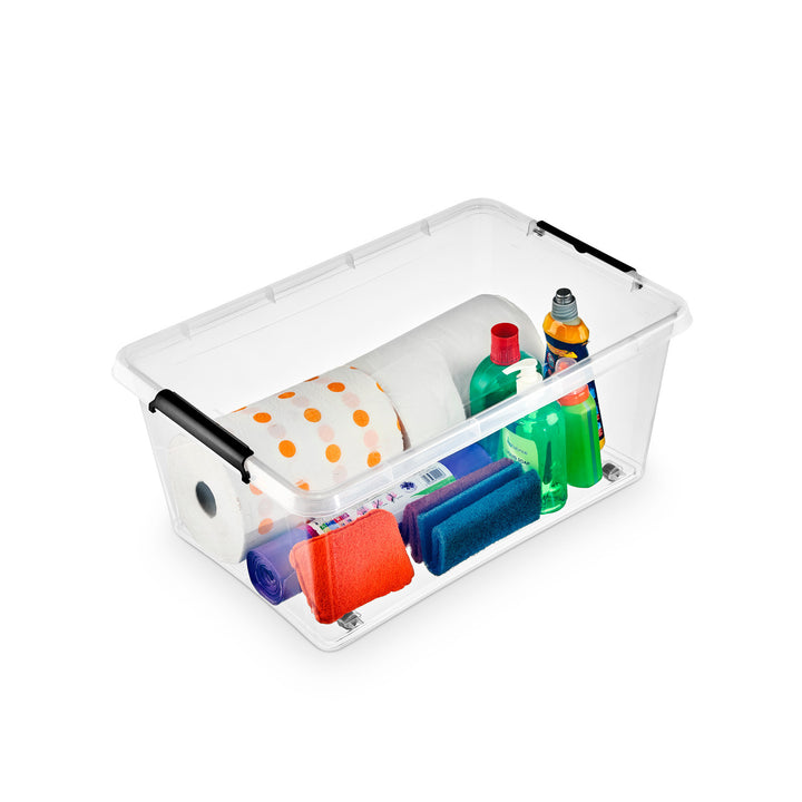 Bac Moxom SimpleStore, capacité 40 L, transparent, couvercle à clips, équipé de roulettes, sans BPA, 04-0076
