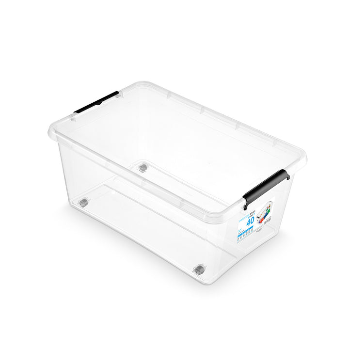 Bac Moxom SimpleStore, capacité 40 L, transparent, couvercle à clips, équipé de roulettes, sans BPA, 04-0076