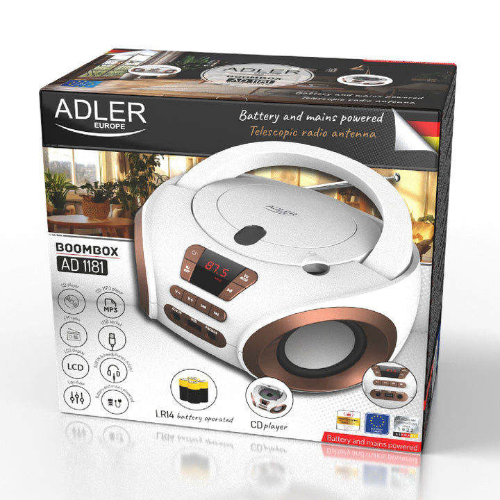 Radio Boombox CD-MP3, USB, radio FM, AUX, prise casque, Adler, AD 1181