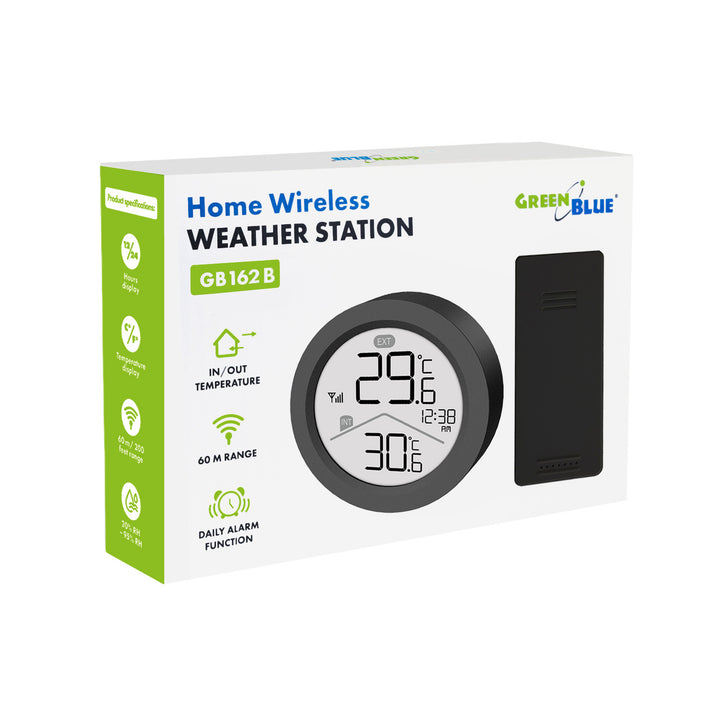 Station météo sans fil GreenBlue, température intérieure/extérieure, horloge, choix entre °C et °F, portée jusqu'à 60 m, noire, GB162 B + 4 piles alcalines AAA Varta Industrial