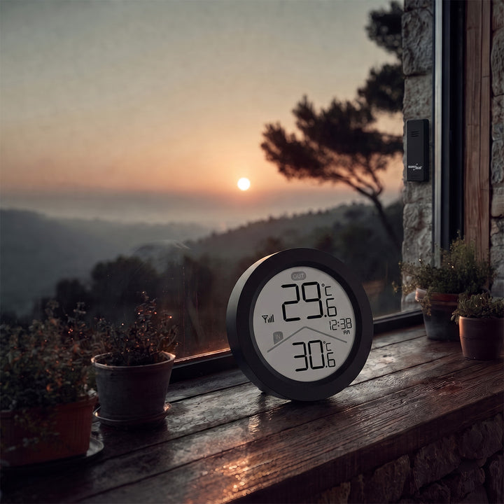Station météo sans fil GreenBlue, température intérieure/extérieure, horloge, choix entre °C et °F, portée jusqu'à 60 m, noire, GB162 B + 4 piles alcalines AAA Varta Industrial