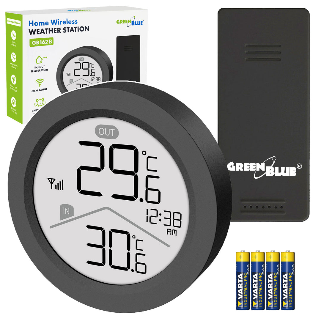 Station météo sans fil GreenBlue, température intérieure/extérieure, horloge, choix entre °C et °F, portée jusqu'à 60 m, noire, GB162 B + 4 piles alcalines AAA Varta Industrial