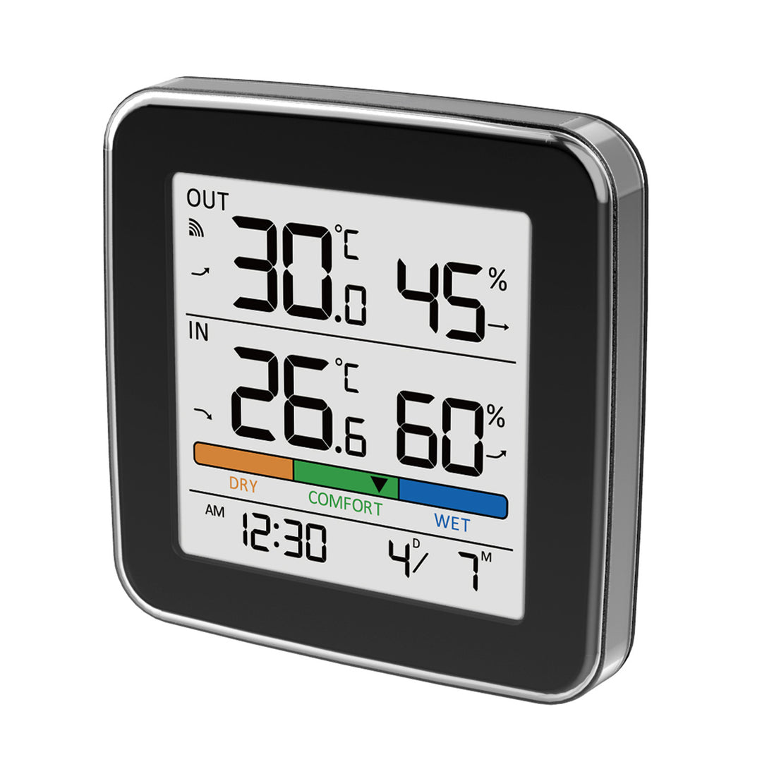 Station météo sans fil GreenBlue, température et humidité (intérieure/extérieure), horloge, alarme et date, °C / °F, portée jusqu’à 60 m, noire, GB169 B + 4 piles alcalines AAA Varta Industrial