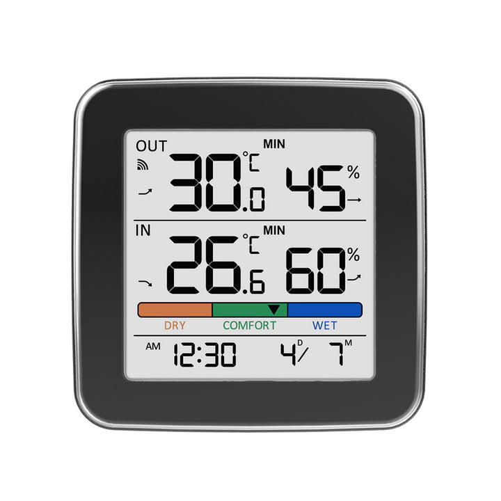 Station météo sans fil GreenBlue, température et humidité (intérieure/extérieure), horloge, alarme et date, °C / °F, portée jusqu’à 60 m, noire, GB169 B + 4 piles alcalines AAA Varta Industrial