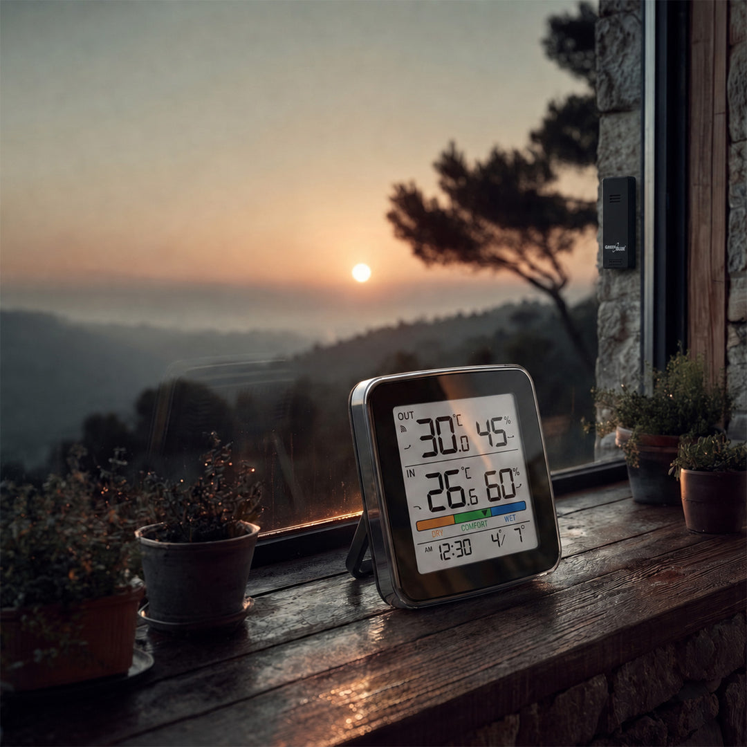 Station météo sans fil GreenBlue, température et humidité (intérieure/extérieure), horloge, alarme et date, °C / °F, portée jusqu’à 60 m, noire, GB169 B + 4 piles alcalines AAA Varta Industrial