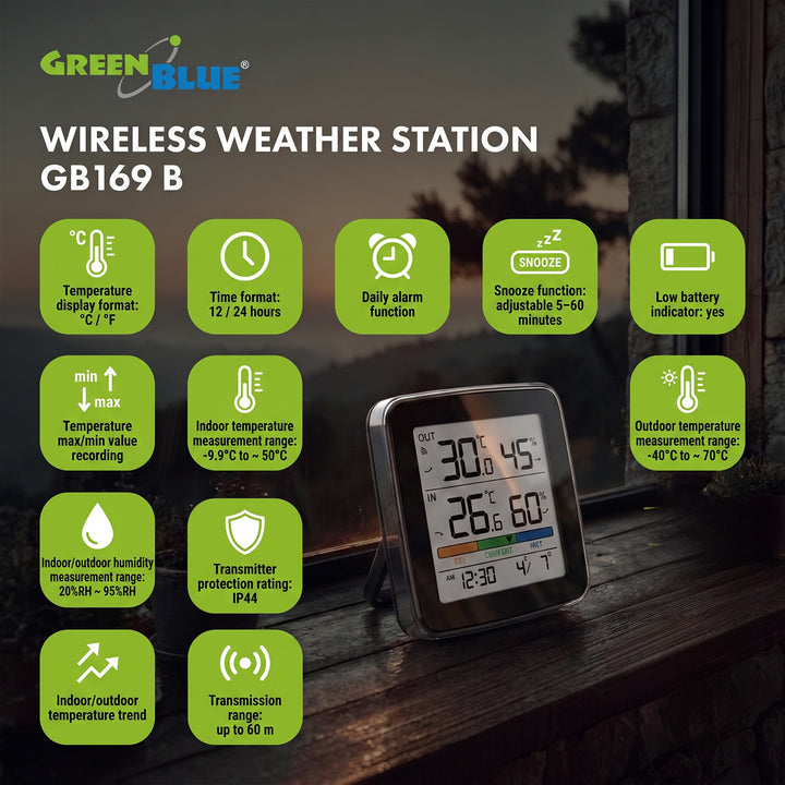 Station météo sans fil GreenBlue, température et humidité (intérieure/extérieure), horloge, alarme et date, °C / °F, portée jusqu’à 60 m, noire, GB169 B + 4 piles alcalines AAA Varta Industrial