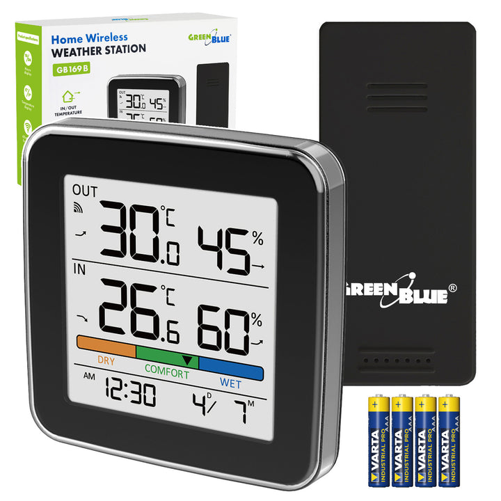 Station météo sans fil GreenBlue, température et humidité (intérieure/extérieure), horloge, alarme et date, °C / °F, portée jusqu’à 60 m, noire, GB169 B + 4 piles alcalines AAA Varta Industrial