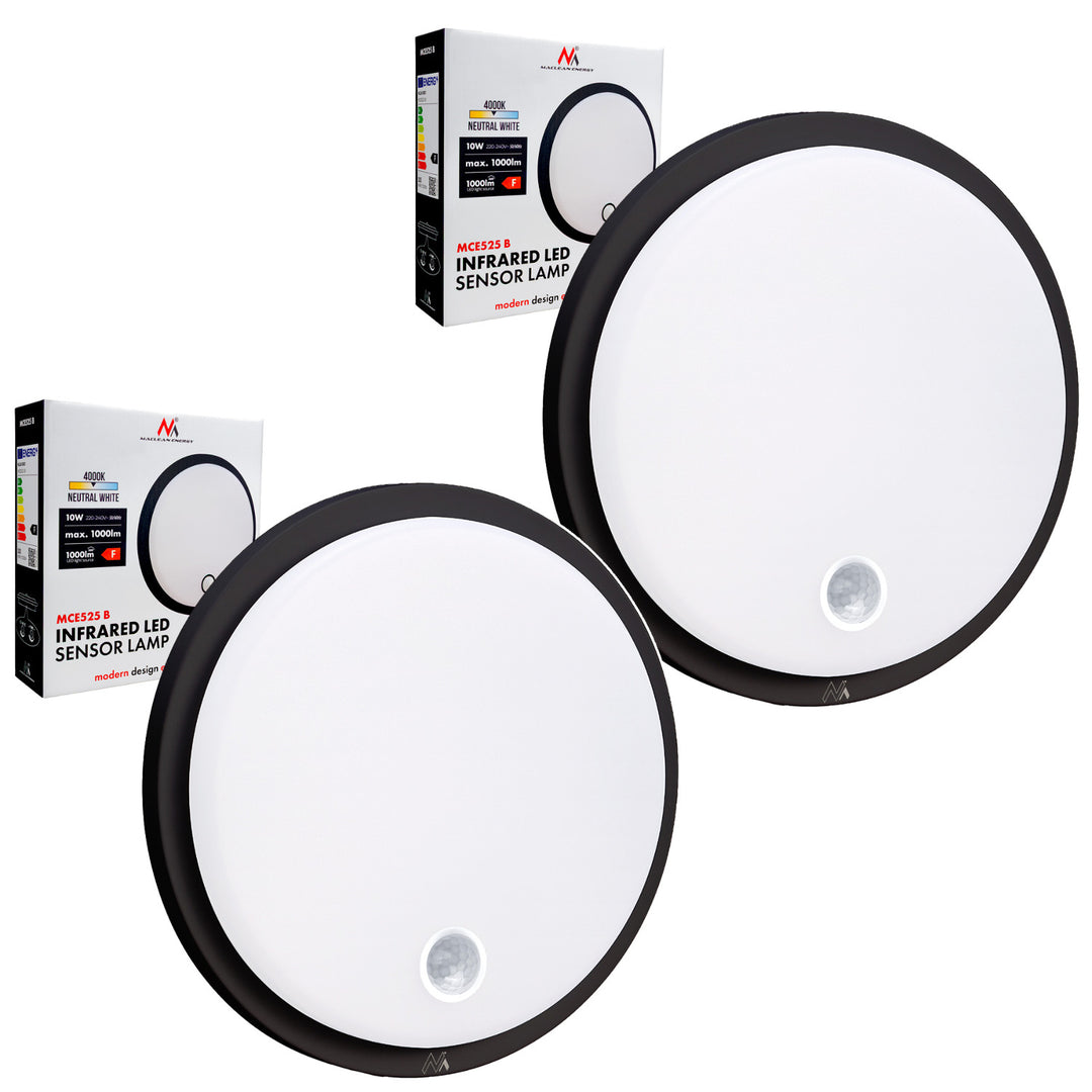 Lampe LED avec détecteur de mouvement Maclean, capteur PIR, couleur noire, 10 W, IP65, 1 000 lm, lumière neutre, MCE525 B, lot de 2