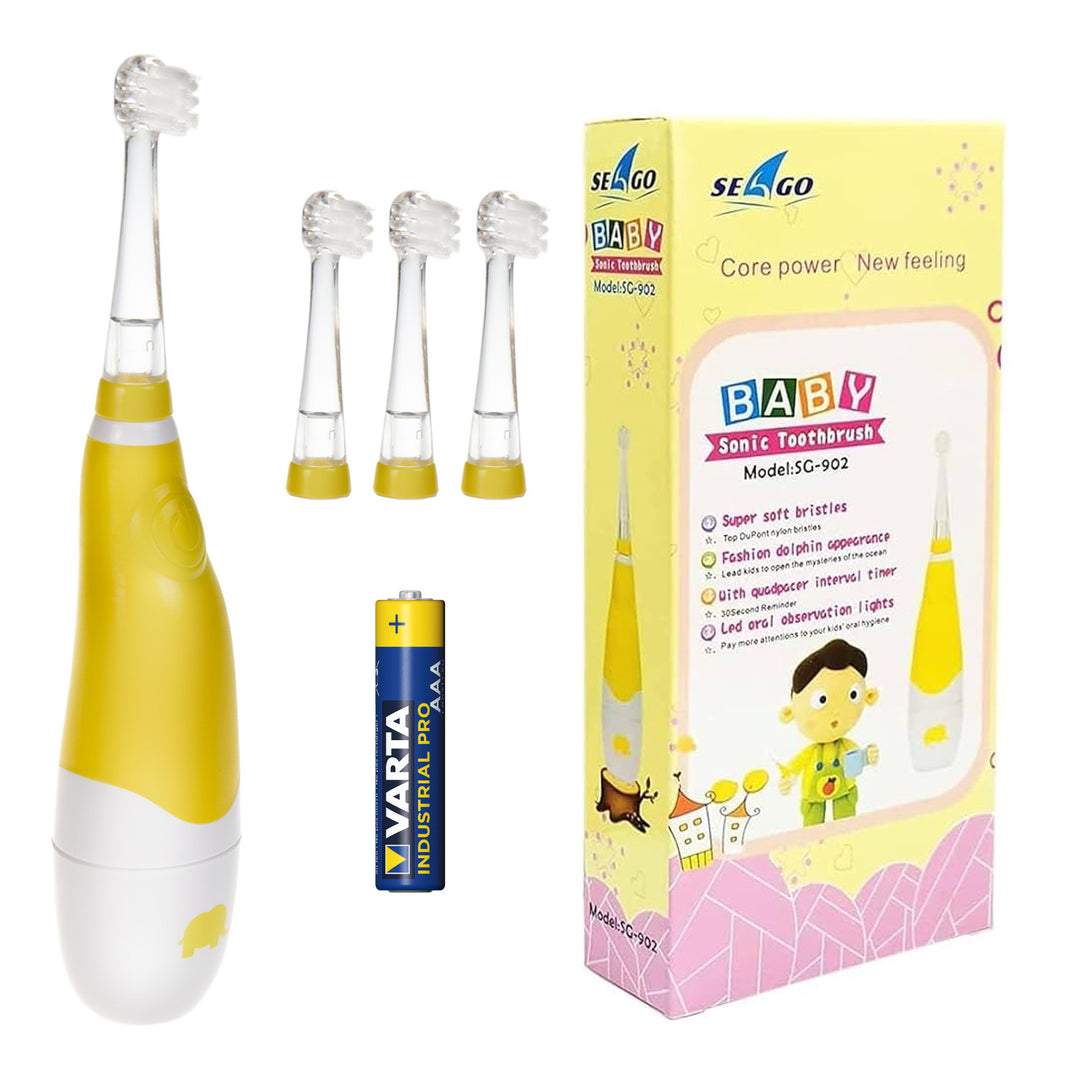 Brosse à dents sonique pour enfants SEAGO, couleur jaune, 4 embouts, SG-902 Yellow + pile alcaline AAA Varta Industrial