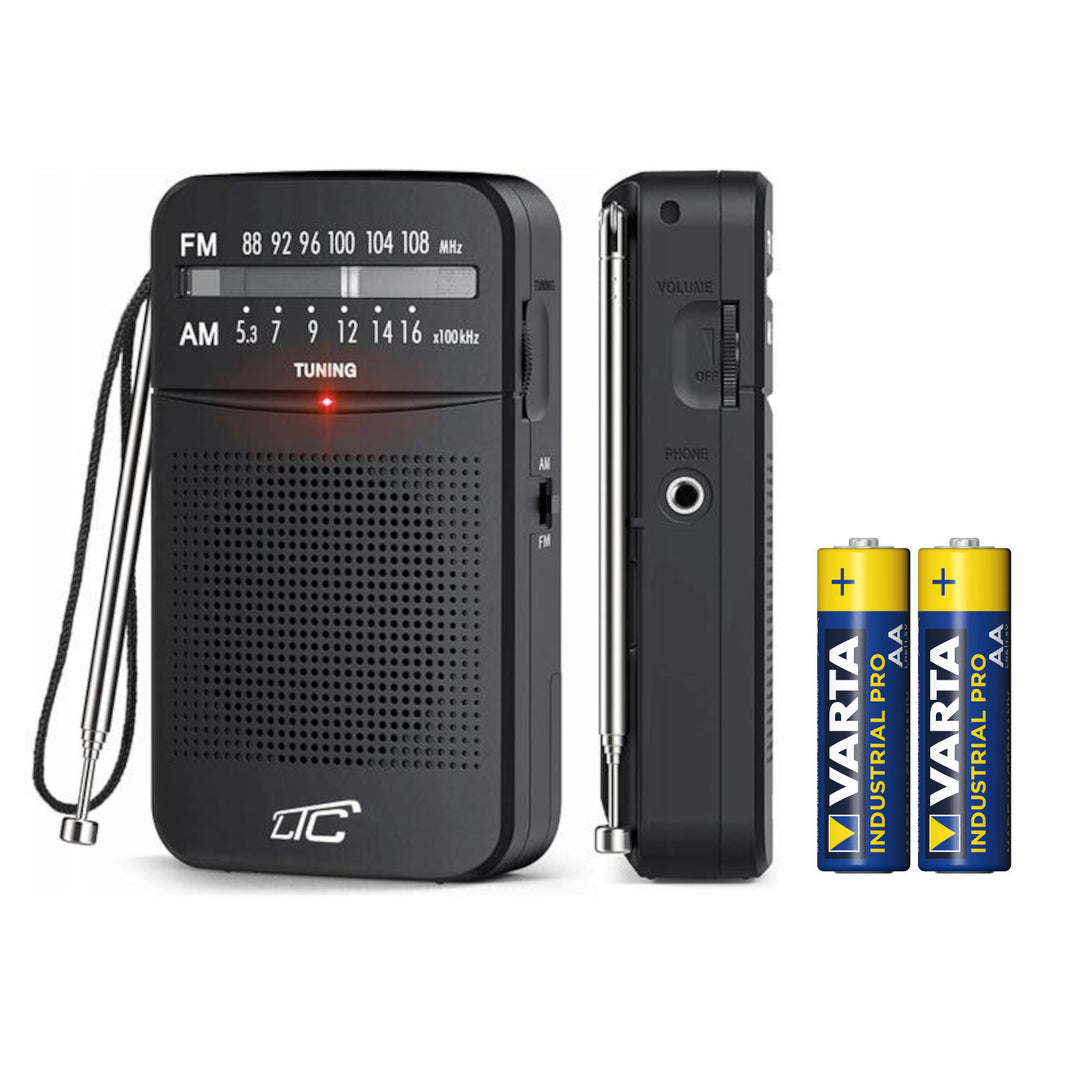 Radio de poche LXLTC2029C LEGA avec AM/FM/AUX, alimentation par piles LTC + 2 piles alcalines AA Varta Industrial