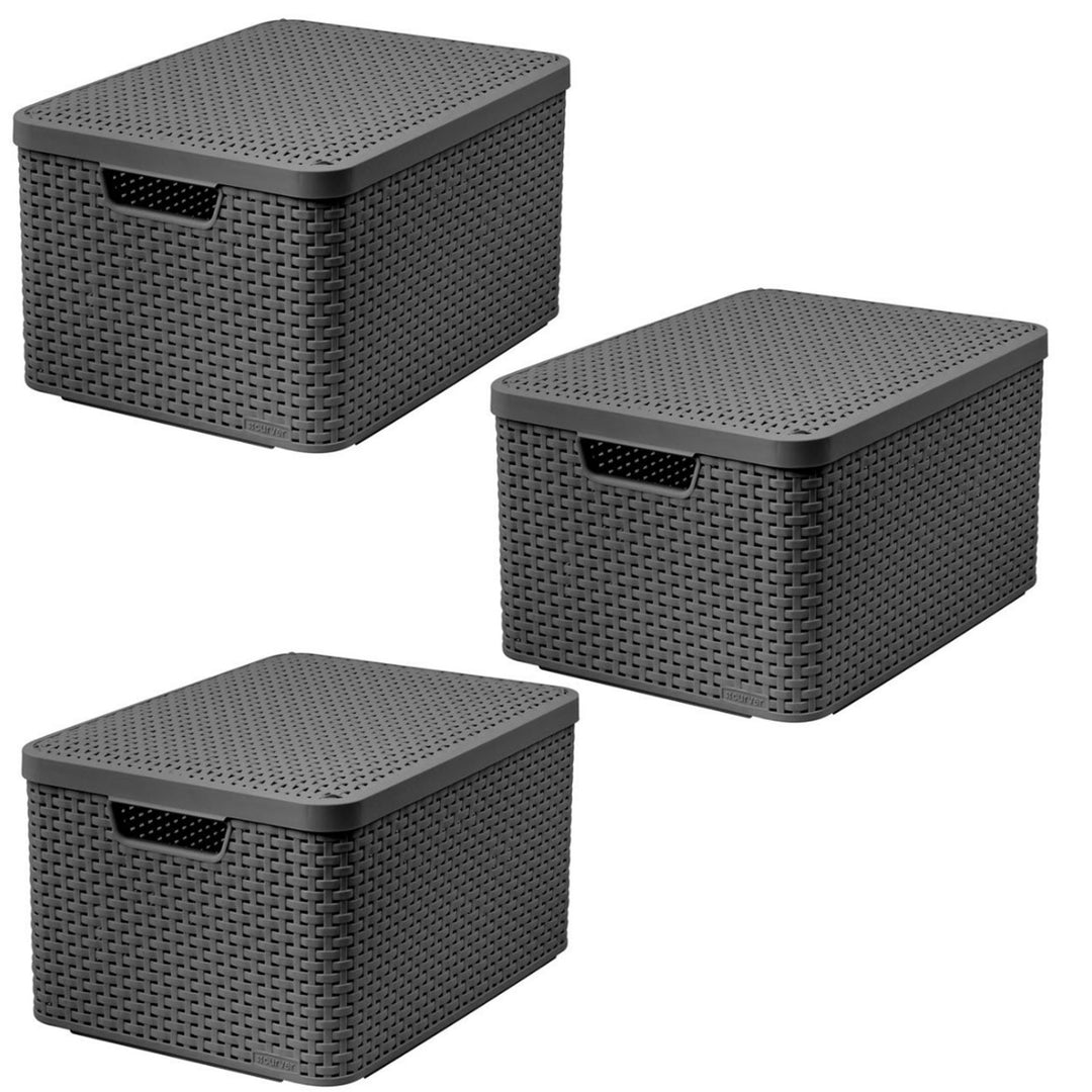 Panier Curver, polyvalent, avec couvercle, gris, Rattan Style L, lot de 3