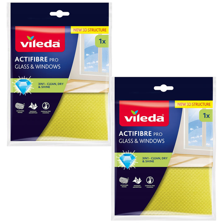 Chiffon Vileda Actifibre Pro pour vitres et fenêtres, lavable en machine, revêtement en PVA, sans traces ni taches, nettoie à l'eau seule, 183298, lot de 2