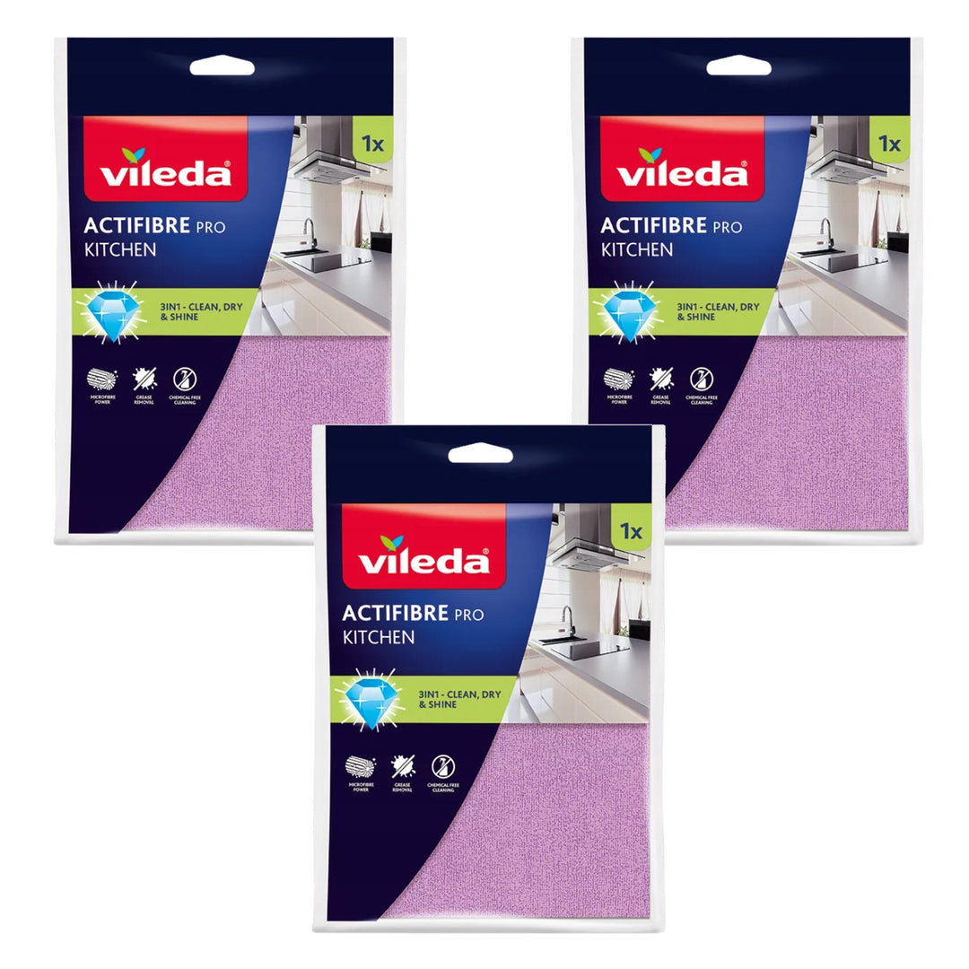 Chiffon Vileda Actifibre Pro, de cuisine, en microfibre, revêtement en PVA, lavable jusqu'à 60 °C, 183303, lot de 3