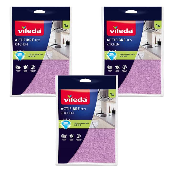 Chiffon Vileda Actifibre Pro, de cuisine, en microfibre, revêtement en PVA, lavable jusqu'à 60 °C, 183303, lot de 3