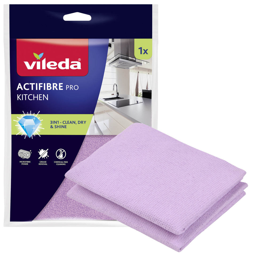 Chiffon Vileda Actifibre Pro, de cuisine, en microfibre, revêtement en PVA, lavable jusqu'à 60 °C, 183303, lot de 4