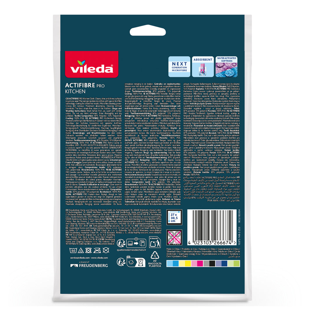 Chiffon Vileda Actifibre Pro, de cuisine, en microfibre, revêtement en PVA, lavable jusqu'à 60 °C, 183303, lot de 4