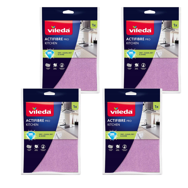 Chiffon Vileda Actifibre Pro, de cuisine, en microfibre, revêtement en PVA, lavable jusqu'à 60 °C, 183303, lot de 4
