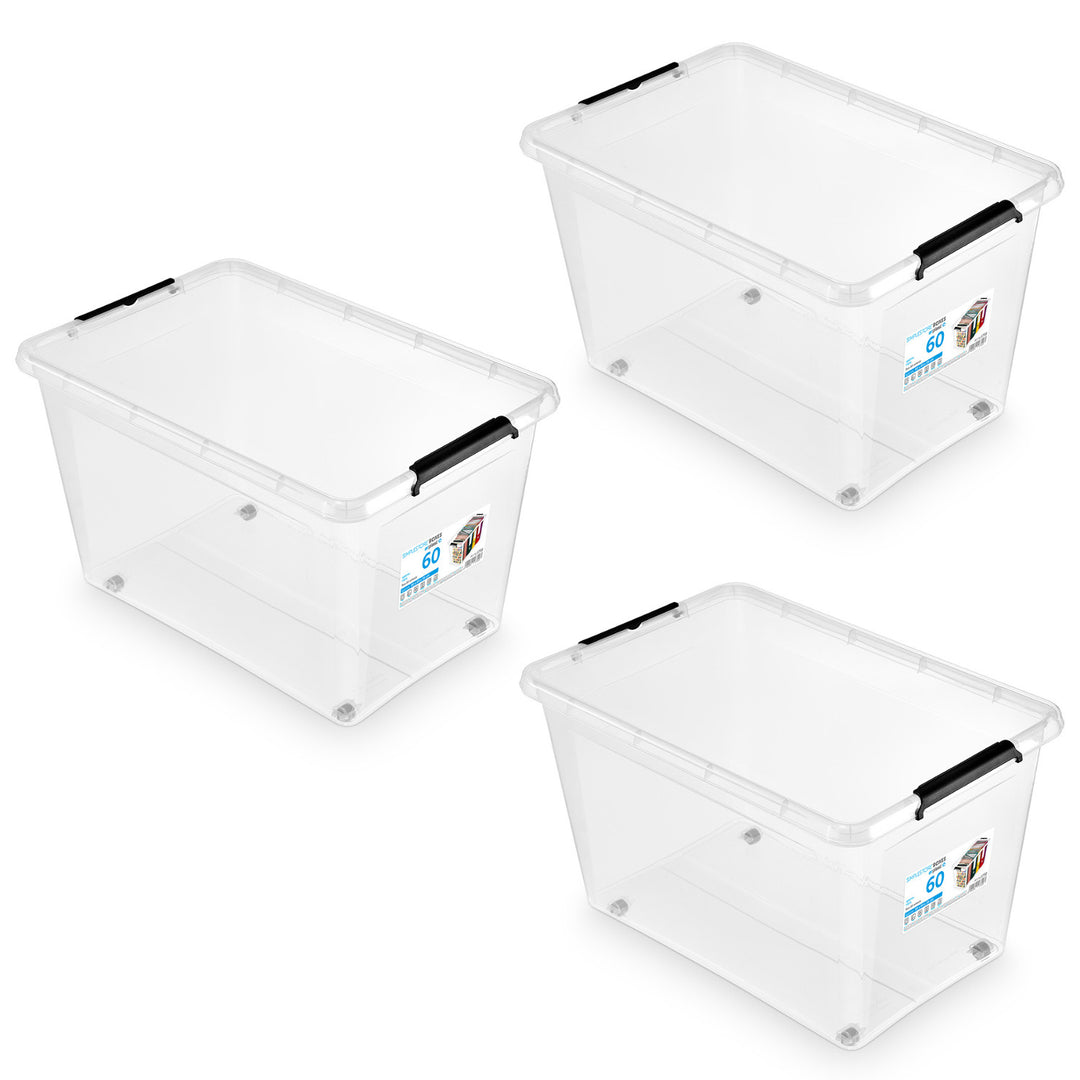 Bac Moxom SimpleStore, capacité 60 L, transparent, couvercle à clips, équipé de roulettes, sans BPA, 04-0081, lot de 3