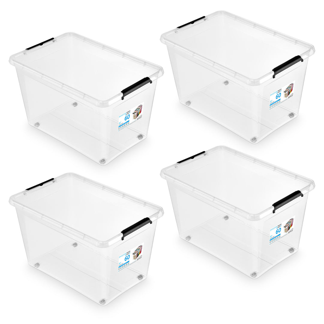 Bac Moxom SimpleStore, capacité 60 L, transparent, couvercle à clips, équipé de roulettes, sans BPA, 04-0081, lot de 4