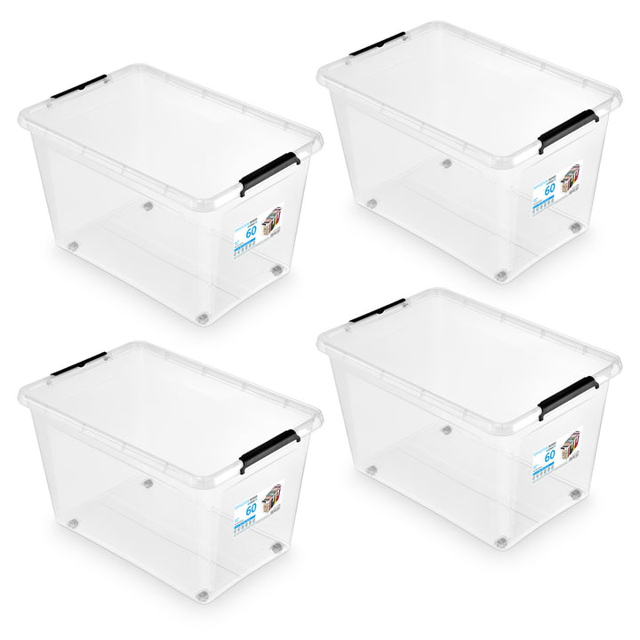 Bac Moxom SimpleStore, capacité 60 L, transparent, couvercle à clips, équipé de roulettes, sans BPA, 04-0081, lot de 4