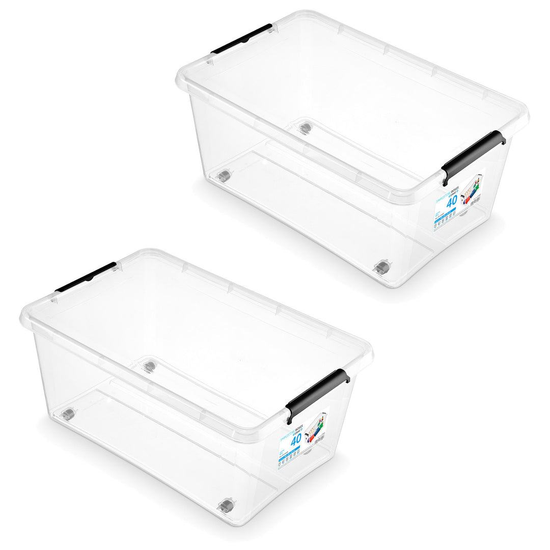 Bac Moxom SimpleStore, capacité 40 L, transparent, couvercle à clips, équipé de roulettes, sans BPA, 04-0076, 2 pièces