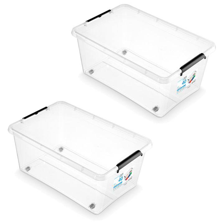 Bac Moxom SimpleStore, capacité 40 L, transparent, couvercle à clips, équipé de roulettes, sans BPA, 04-0076, 2 pièces