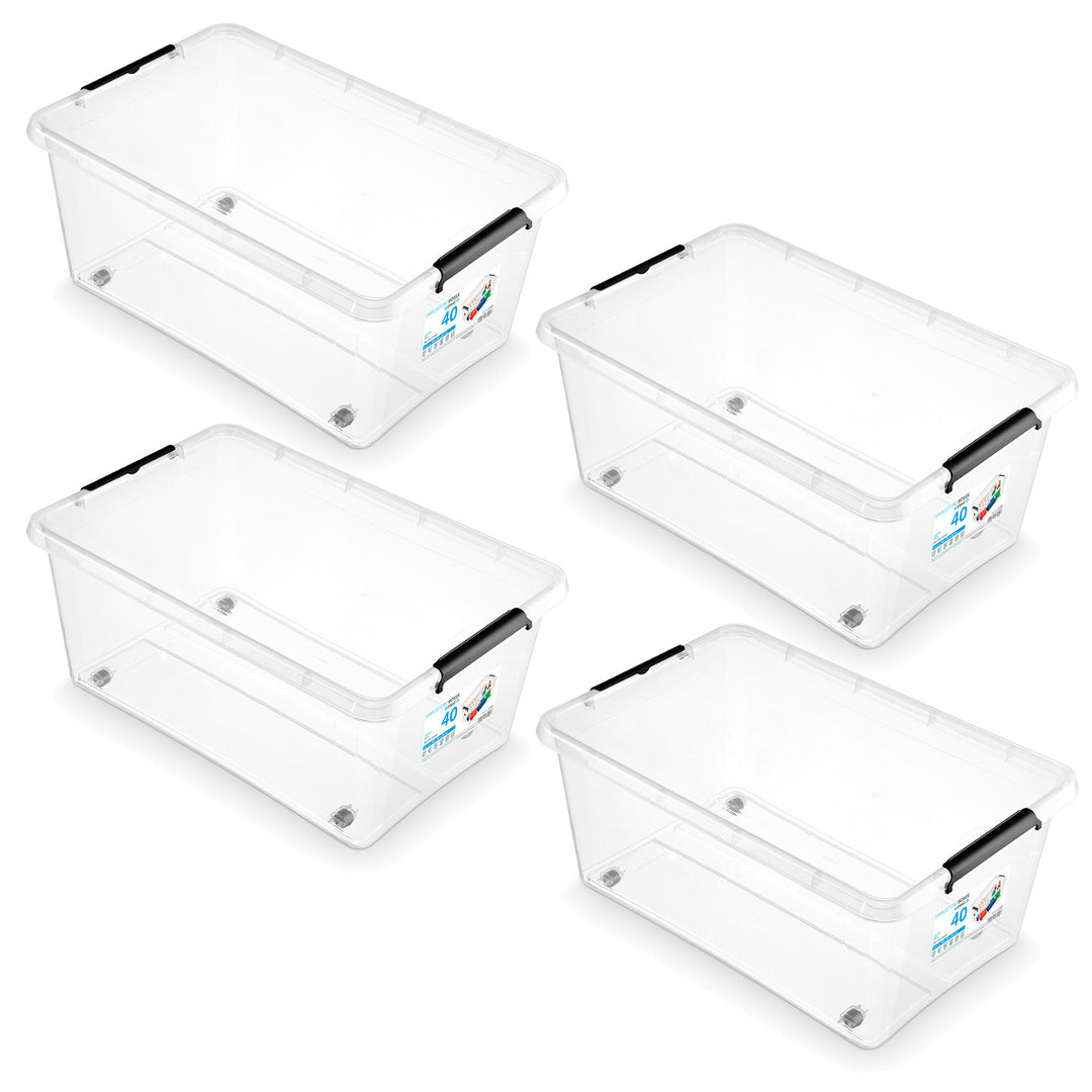 Bac Moxom SimpleStore, capacité 40 L, transparent, couvercle à clips, équipé de roulettes, sans BPA, 04-0076, lot de 4