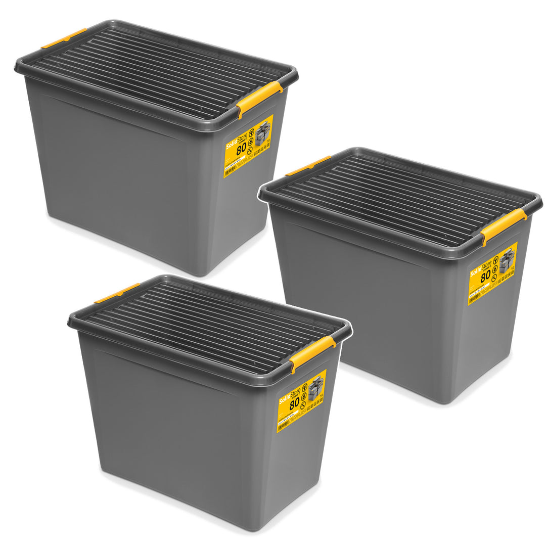 Bac Moxom SolidStore, capacité 80 L, gris, couvercle à clips, équipé de roulettes, sans BPA, 04-0217, lot de 3