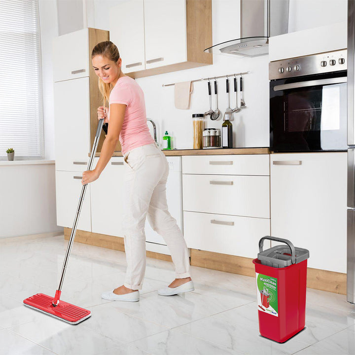 Balai à franges plat avec seau et essoreuse GreenBlue, deux recharges en microfibre HQ, capacité de 5,7 L, MaxiClean GB870 + 4 éponges Vileda Pur Active Colors